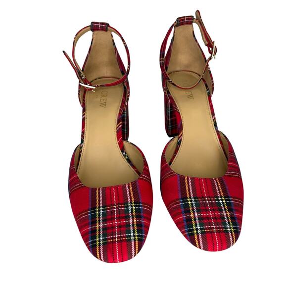 J Crew Factory Red Tartan Plaid Ankle Strap Block Heels 9.5 - Picture 2 of 6